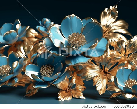Composition of blue gold artificial flowers on a blue background. Generative AI 105198059