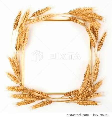 Frame of golden spikelets of wheat on a white background, layout for a postcard, design, congratulations 105198060