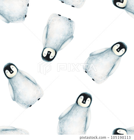 Watercolor seamless pattern with king penguins family isolated. Hand painting realistic Arctic and Antarctic ocean mammals. For designers, decoration, postcards, wrapping paper, scrapbooking, covers Watercolor seamless pattern with king penguins family isolated. Hand painting realistic Arctic and Antarctic ocean mammals. For designers, decoration, postcards, wrapping paper, scrapbooking, covers 105198113