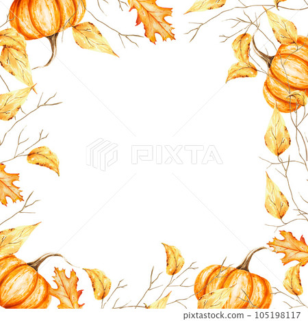 Watercolor autumn frame with tree branch golden foliage and pumpkins. Hand painting sketch isolated on white background. For designers, decoration, shop, for postcards, wrapping paper, covers. For 105198117