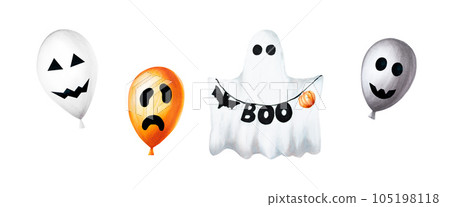 Watercolor Halloween balloons and cute ghost illustration with scary faces. Hand painting orange, black, white balloon sketch isolated on white background. For designers, decoration, shop, for Watercolor Halloween balloons and cute ghost illustration with scary faces. Hand painting orange, black, white balloon sketch isolated on white background. For designers, decoration, shop, for 105198118