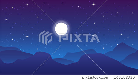 Mountains and sea. Vector illustration of a mountain landscape at night. Night landscape of mountains. Starry sky. Full moon. Mountains and sea. Vector illustration of a mountain landscape at night. Night landscape of mountains. Starry sky. Full moon. 105198339