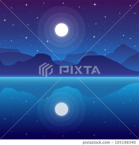 Mountains and sea. Vector illustration of a mountain landscape at night. Night landscape of mountains reflected in the water. Starry sky. Full moon. Mountains and sea. Vector illustration of a mountain landscape at night. Night landscape of mountains reflected in the water. Starry sky. Full moon. 105198340
