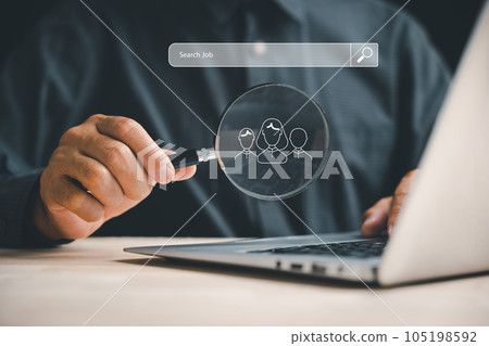 Man with magnifying glass on laptop, searching for information. Job search, internet world concept. Technology, SEO, career, education. Office desk, laptop, and magnifier. representation of searching. Man with magnifying glass on laptop, searching for information. Job search, internet world concept. Technology, SEO, career, education. Office desk, laptop, and magnifier. representation of searching. 105198592