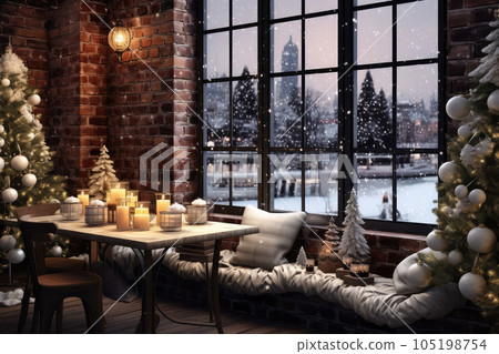 Christmas cafe interior with tree. Generative AI 105198754