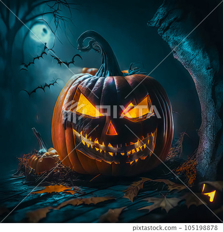 Halloween, pumpkins, bats and a graveyard on a moonlit night before Halloween 105198878