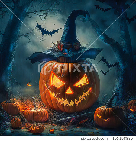 Halloween, pumpkins, bats and a graveyard on a moonlit night before Halloween Halloween, pumpkins, bats and a graveyard on a moonlit night before Halloween 105198880