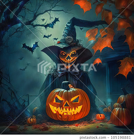 Halloween, pumpkins, bats and a graveyard on a moonlit night before Halloween Halloween, pumpkins, bats and a graveyard on a moonlit night before Halloween 105198881