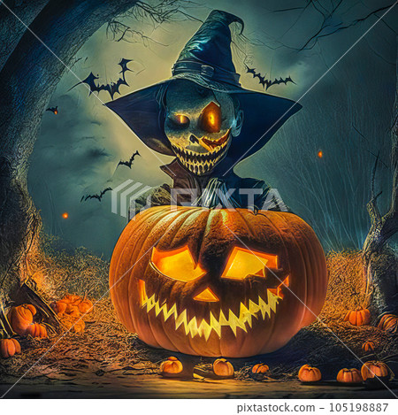 Halloween, pumpkins, bats and a graveyard on a moonlit night before Halloween Halloween, pumpkins, bats and a graveyard on a moonlit night before Halloween 105198887