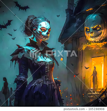 Halloween, portrait of a girl with vampire makeup and in a halloween costume 105198908