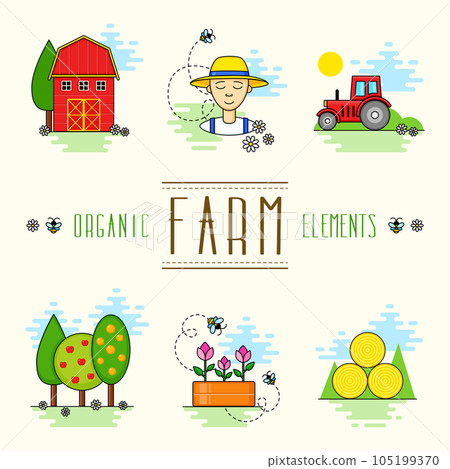 Set of farm vector illustrations in flat design. Set of icons in a linear style. Farm life. 105199370