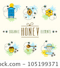 Beekeeping. Bees and honey on the apiary. Farm life vector illustration. Set of icons in a linear style. 105199371