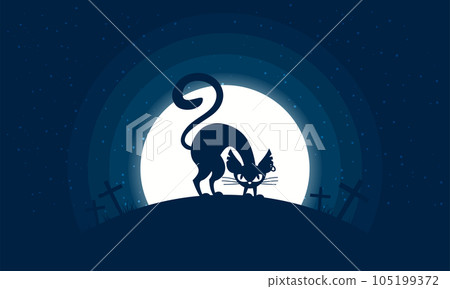 Happy Halloween. Vector illustration of a cat in the night forest. Full moon. Cemetery. Night landscape. Halloween card. Background for invitation to a party. 105199372