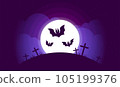 Happy Halloween. Vector illustration of bats on the background of the moon.. Full moon. Cemetery. Night landscape. Halloween card. Background for invitation to a party. 105199376