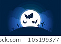 Happy Halloween. Vector illustration of bats on the background of the moon.. Full moon. Cemetery. Night landscape. Halloween card. Background for invitation to a party. 105199377