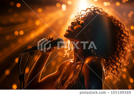 Beautiful African American female singer sings on stage in golden bokeh lights. Generative AI illustration 105199389