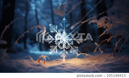 An excellent snowflake against the background of the forest. A great image with a winter theme. Winter forest on a background that gives charm. 105199415