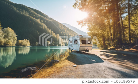 White camper by beautiful lake and trees.Travel motorhome family car camping truck summer holiday,travel concept White camper by beautiful lake and trees.Travel motorhome family car camping truck summer holiday,travel concept 105199579