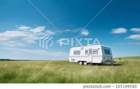 White camper on green grass field with blue sky.Travel motorhome family car camping truck summer holiday,travel concept White camper on green grass field with blue sky.Travel motorhome family car camping truck summer holiday,travel concept 105199580