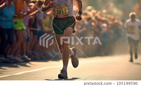 People running a marathon.Running crowd at the marathon. Many runners passing the start or finish line.focus on feet. Race,sports,health concept background 105199590
