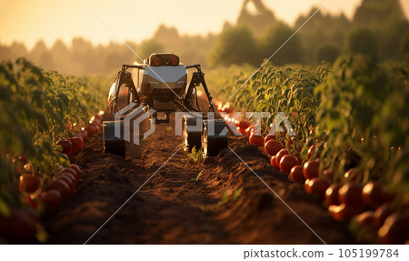 robot at work achriculture field, smart robotic farmers in agriculture futuristic robot automation to work to spray chemical fertilizer or increase efficiency 105199784