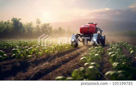 robot at work achriculture field, smart robotic farmers in agriculture futuristic robot automation to work to spray chemical fertilizer or increase efficiency robot at work achriculture field, smart robotic farmers in agriculture futuristic robot automation to work to spray chemical fertilizer or increase efficiency 105199785