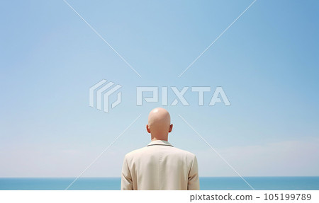 Bald head back view with copy space, portrait of a man without hair bald and proud modern design space for text 105199789
