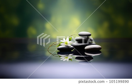 Zen yoga and spa stones treatment scene, zen like concepts. woth waterlily in beautiful calm landscape with blurred background, natural therapy massage stones relaxtion Zen yoga and spa stones treatment scene, zen like concepts. woth waterlily in beautiful calm landscape with blurred background, natural therapy massage stones relaxtion 105199890