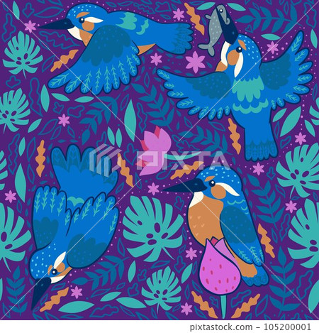 Seamless pattern with kingfishers on a purple background. Vector graphics. Seamless pattern with kingfishers on a purple background. Vector graphics. 105200001