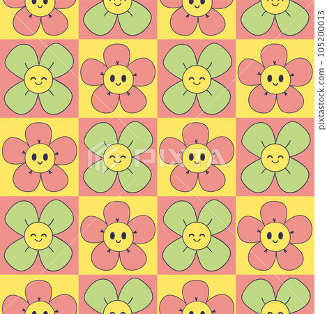 Seamless checkered pattern with cute smiling flowers. Vector graphics. Seamless checkered pattern with cute smiling flowers. Vector graphics. 105200013