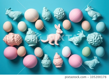 Happy Easter.Colorful hand painted decorated Easter eggs. Handmade Easter craft.Spring decoration background. DIY Festive traditional symbols.Holiday Still life photo selective focus. AI Generative. 105200178