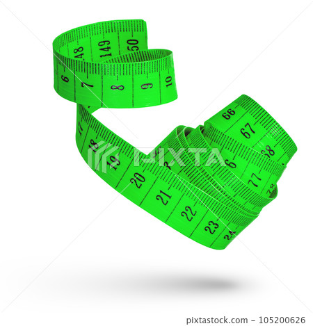 Measuring tape isolated on white background. Tape for measuring sizes in centimeters, green. The concept of diet, weight loss or distance measurement. Measuring tape isolated on white background. Tape for measuring sizes in centimeters, green. The concept of diet, weight loss or distance measurement. 105200626