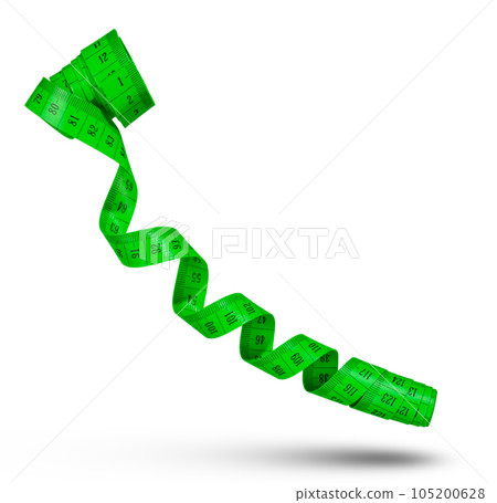 Measuring tape isolated on white background. Tape for measuring sizes in centimeters, green. The concept of diet, weight loss or distance measurement. 105200628