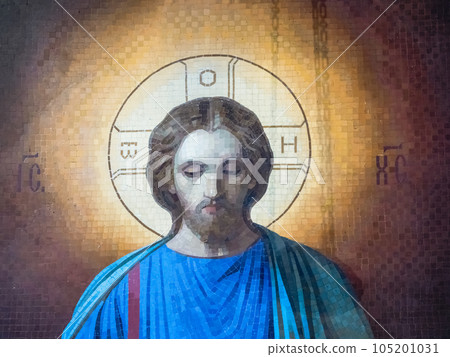 Mosaic portrait of Jesus Christ. Jesus in a vintage mosaic made with ancient techniques. Mosaic portrait of Jesus Christ. Jesus in a vintage mosaic made with ancient techniques. 105201031