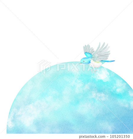 水彩插圖，一隻藍色的小鳥拍打著翅膀，俯視著藍色的地球。受環境保護啟發的背景插圖。 105201350