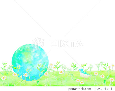 一隻藍色的小鳥凝視著田野裡的大地。生態圖像框架。 105201701