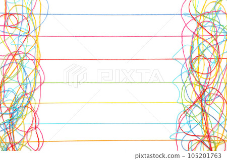 Multicolored tangled and lined knitting threads on both sides of a white background Multicolored tangled and lined knitting threads on both sides of a white background 105201763