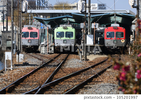Jomo Electric Railway trains lined up at Chuo-Maebashi Station 105201997