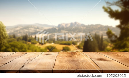 The empty wooden brown table top with blur background of Napa hill landscape. Exuberant. The empty wooden brown table top with blur background of Napa hill landscape. Exuberant. 105202015