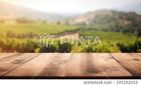The empty wooden table top with blur background of vineyard. Exuberant. 105202018