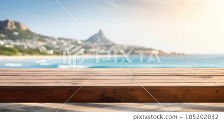 The empty wooden brown table top with blur background of seaside resort. Exuberant. The empty wooden brown table top with blur background of seaside resort. Exuberant. 105202032