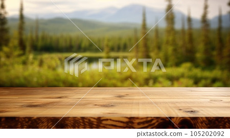 The empty wooden table top with blur background of Alaska nature. Exuberant. The empty wooden table top with blur background of Alaska nature. Exuberant. 105202092