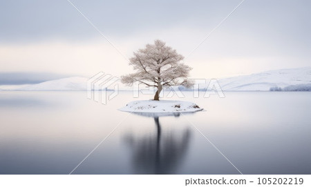 Lone lonely tree in winter snow and lake solitude, minimalist. Generative AI weber. Lone lonely tree in winter snow and lake solitude, minimalist. Generative AI weber. 105202219