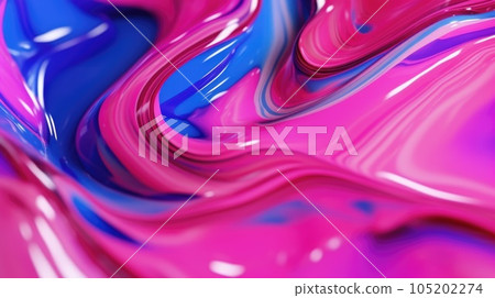 The close up of a glossy liquid surface abstract in hot pink, electric blue, and neon green colors with a soft focus. Exuberant 3D illustration. 105202274