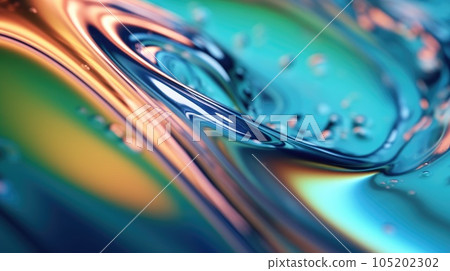The close up of a glossy liquid surface in cool blue and green colors with a soft focus. Exuberant 3D illustration. 105202302