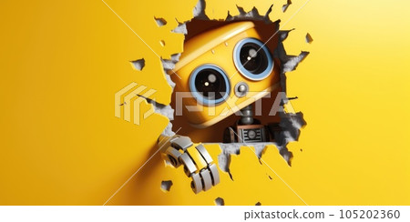 Cute Robot toy peeking out of a hole in wall, torn hole, empty copy space frame, mockup. Generative AI weber. 105202360