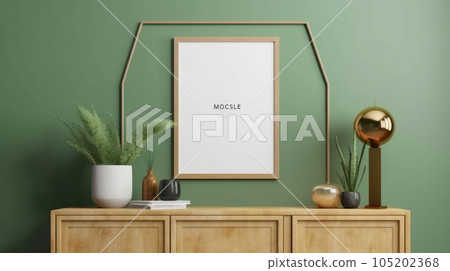 Mockup photo frame green wall mounted on the wooden cabinet. Generative AI AIG30. 105202368