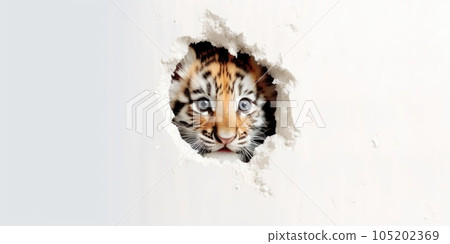 Cute Tiger peekging out of a hole in wall, torn hole, empty copy space frame, mockup. Generative AI weber. 105202369