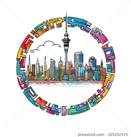 A circle shape frame with center space of Auckland city skyline in simple doodle color cartoon style. Generative AI AIG32 A circle shape frame with center space of Auckland city skyline in simple doodle color cartoon style. Generative AI AIG32 105202475