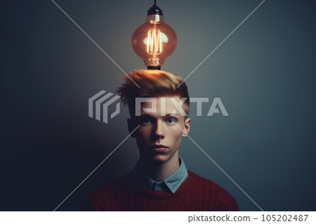 bright light bulb floating above of young scandinavian man's head. generative ai AIG32 bright light bulb floating above of young scandinavian man's head. generative ai AIG32 105202487
